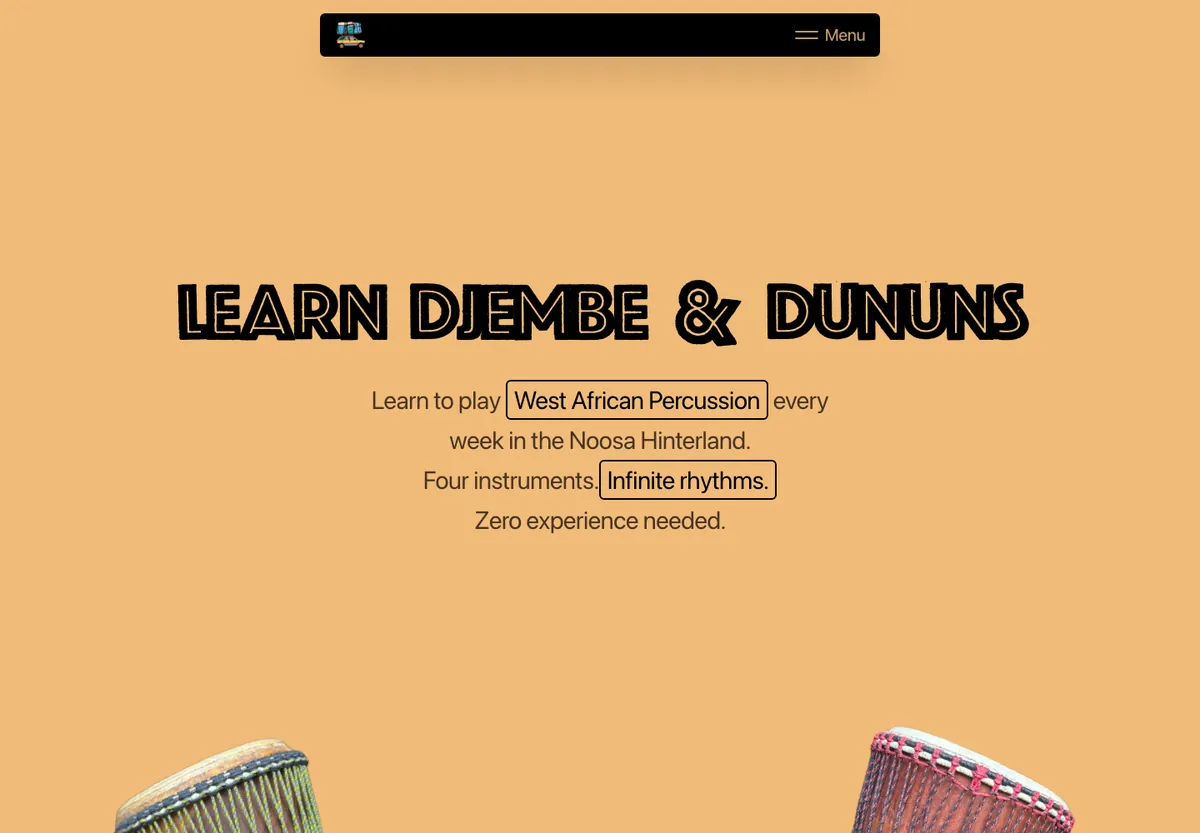 Bush Taxi Drumming School website homepage
